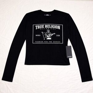 True Religion SRS Ribbed LS Baby Tee Womens Medium Jet Black Grunge Rock 90s NEW